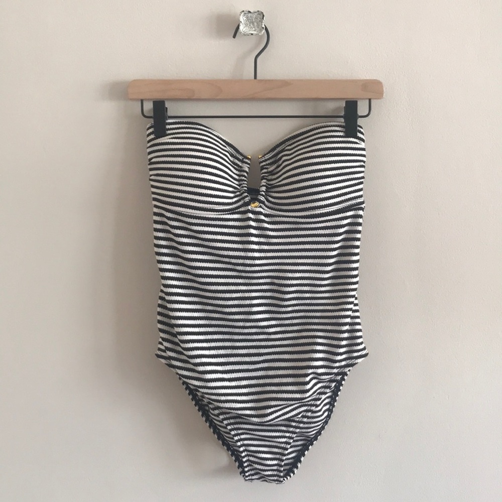 Black and white striped one piece swim suit